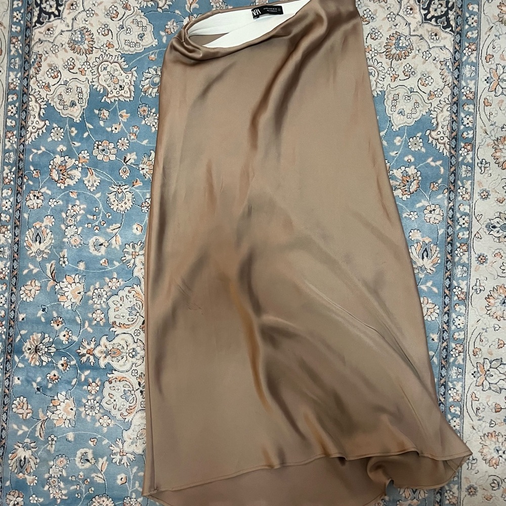 Zara Satin Midi Skirt in Taupe